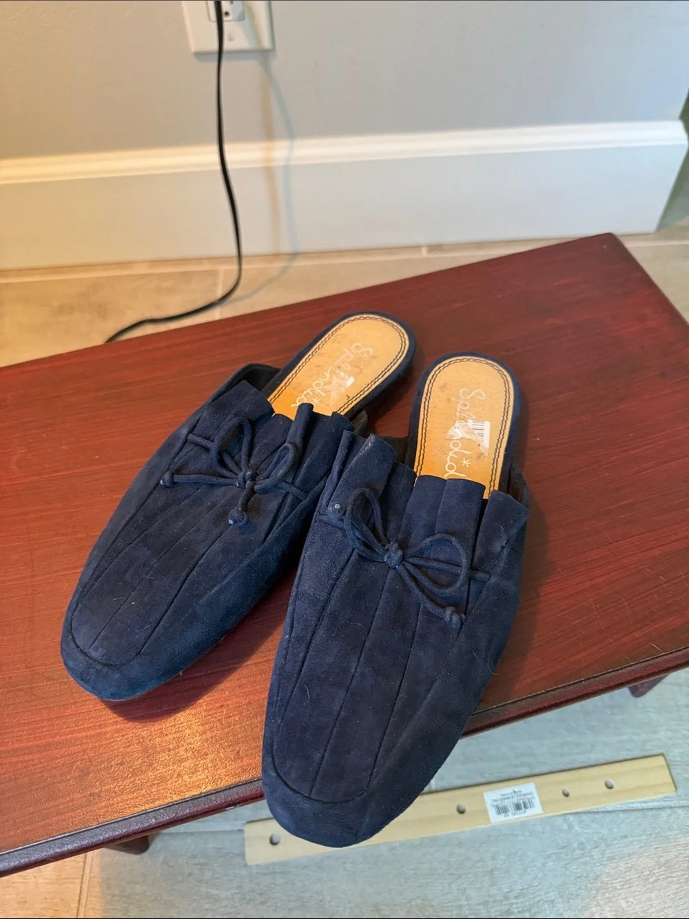 Women’s Navy Suede Slip-On Loafers with Bow Detail - Picture 2 of 4